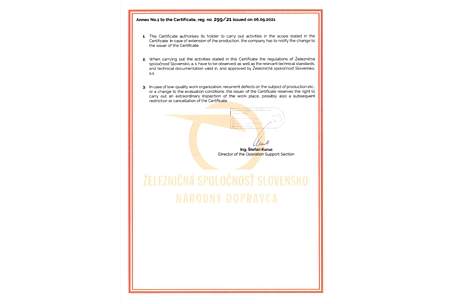 potvrdenie o technickej spôsobilosti na výrobu, opravu tlmičov a predaj náhradných dielov pre tlmiče pre vlaky